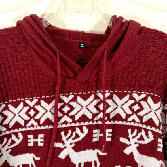 Women Red Burgundy Red Hooded Sweater Winter Christmas Holiday Deer Pullover - Picture 3 of 5